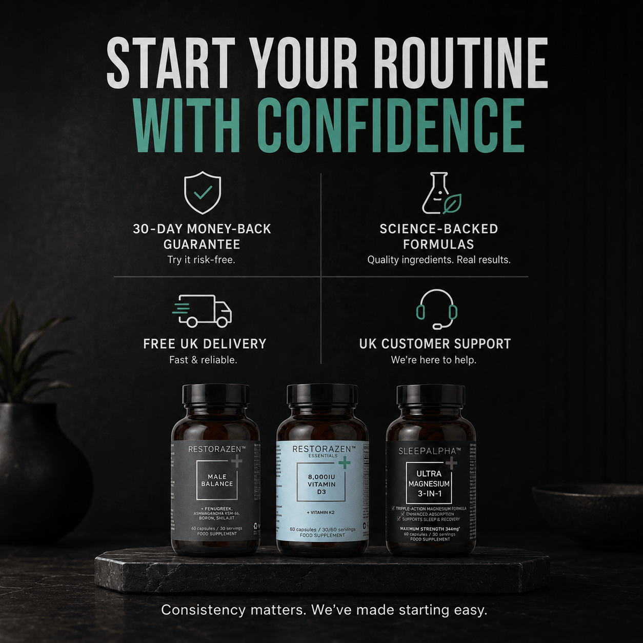 Male Starter Kit | Complete 60-Day Male Health Routine | 2 x Male Balance | 2 x Vitamin D3 + K2 | 2 x Sleep magnesium
