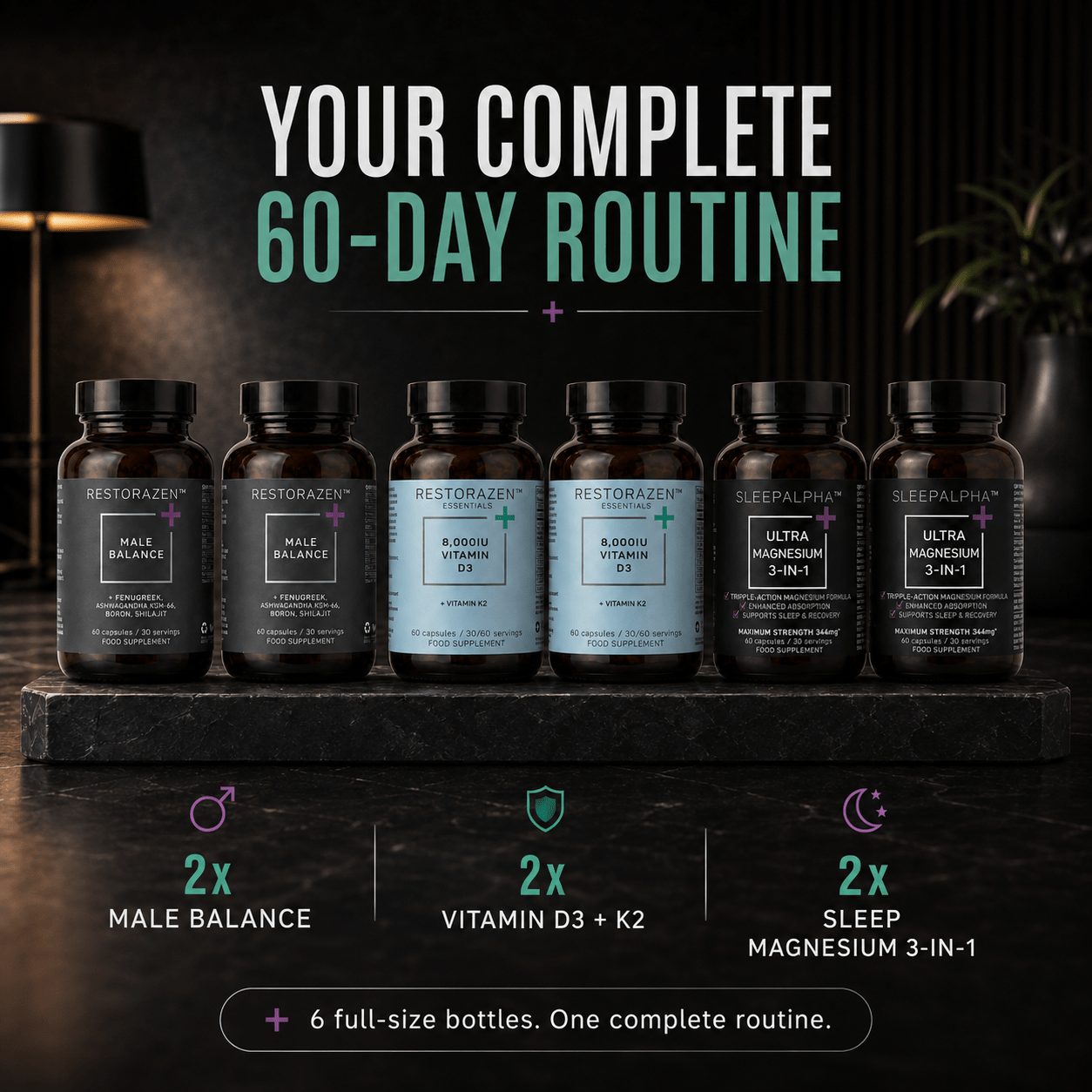 Male Starter Kit | Complete 60-Day Male Health Routine | 2 x Male Balance | 2 x Vitamin D3 + K2 | 2 x Sleep magnesium