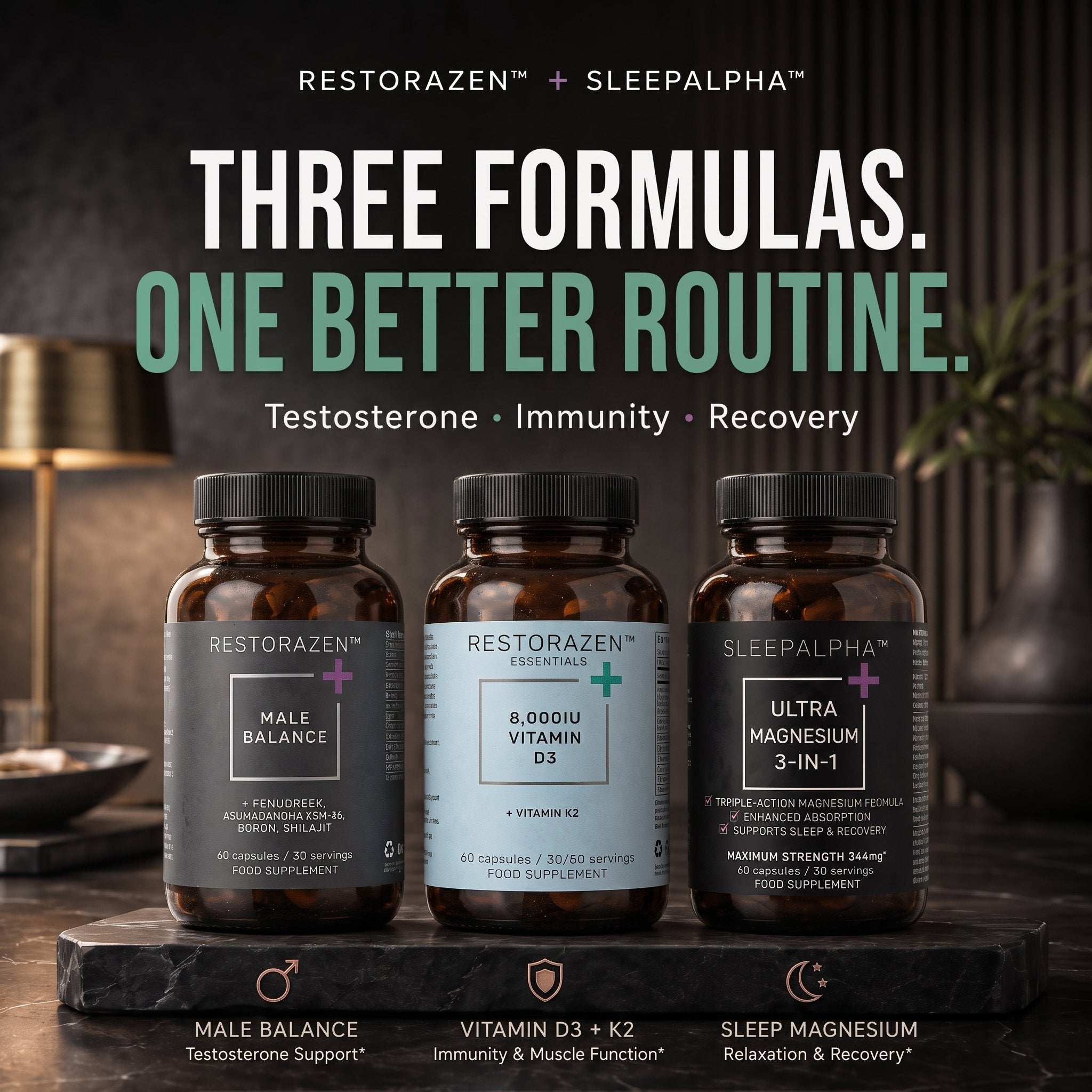 Male Starter Kit | Complete 60-Day Male Health Routine | 2 x Male Balance | 2 x Vitamin D3 + K2 | 2 x Sleep Magnesium