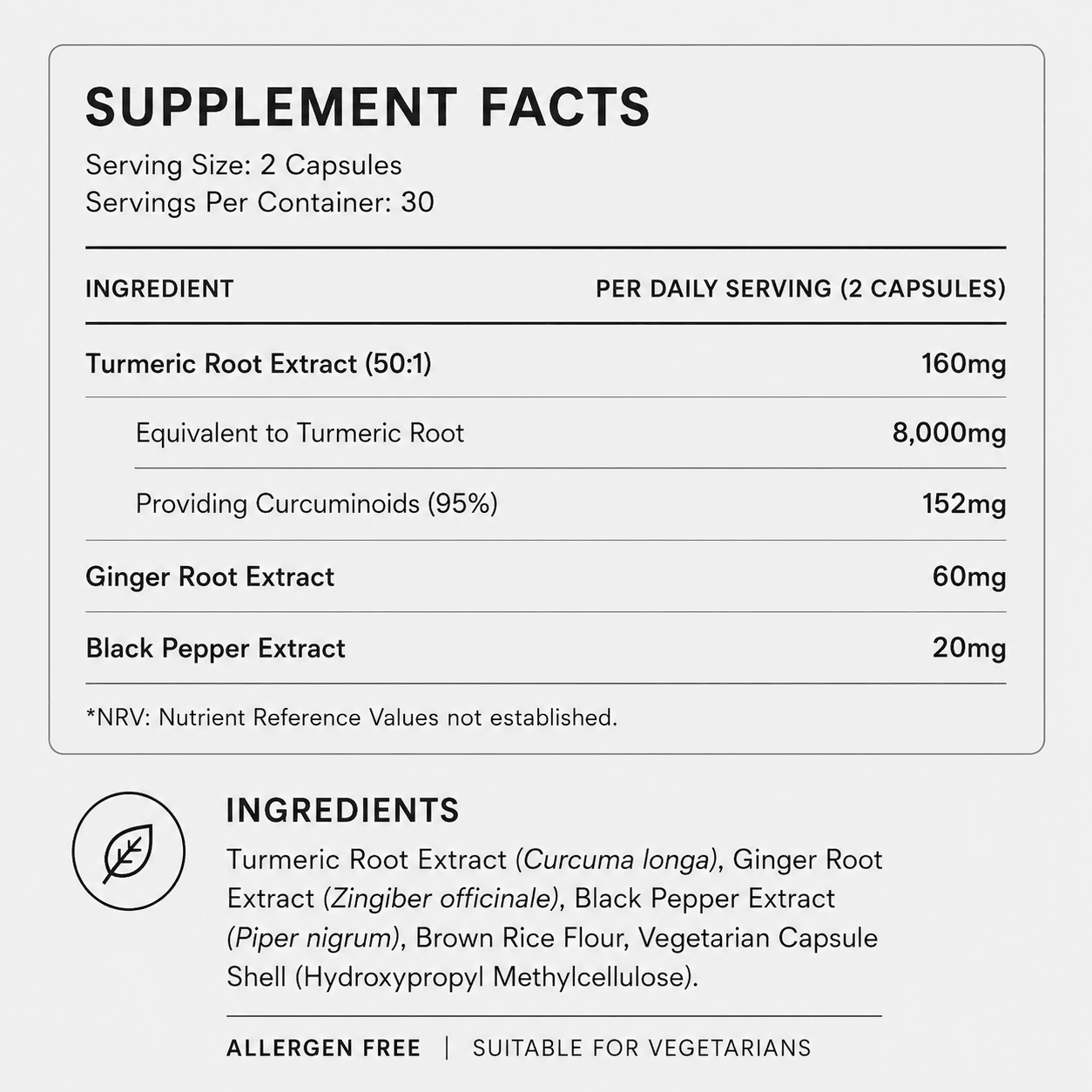 Turmeric Curcumin 95% Standardised Extract | 8,000mg + Black Pepper