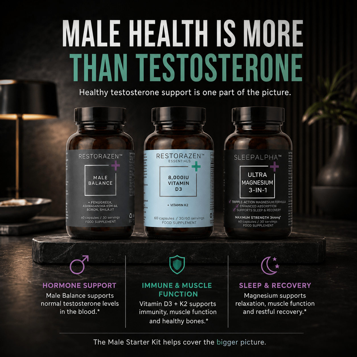 Male Starter Kit | Complete 60-Day Male Health Routine | 2 x Male Balance | 2 x Vitamin D3 + K2 | 2 x Sleep magnesium