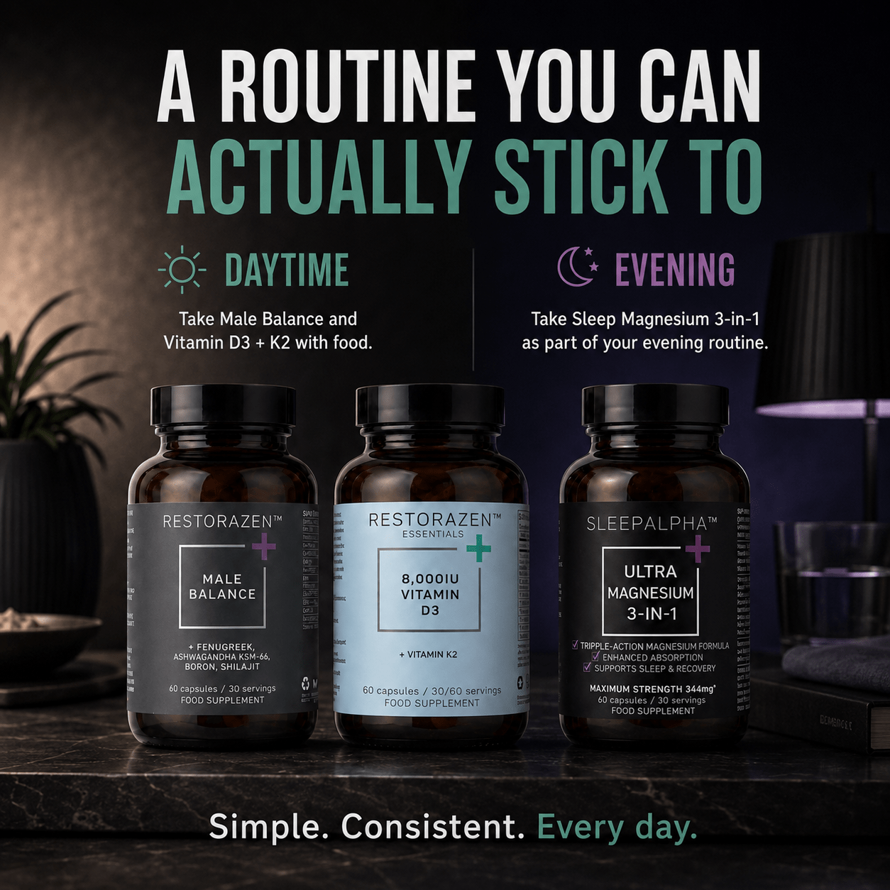 Male Starter Kit | Complete 60-Day Male Health Routine | 2 x Male Balance | 2 x Vitamin D3 + K2 | 2 x Sleep magnesium