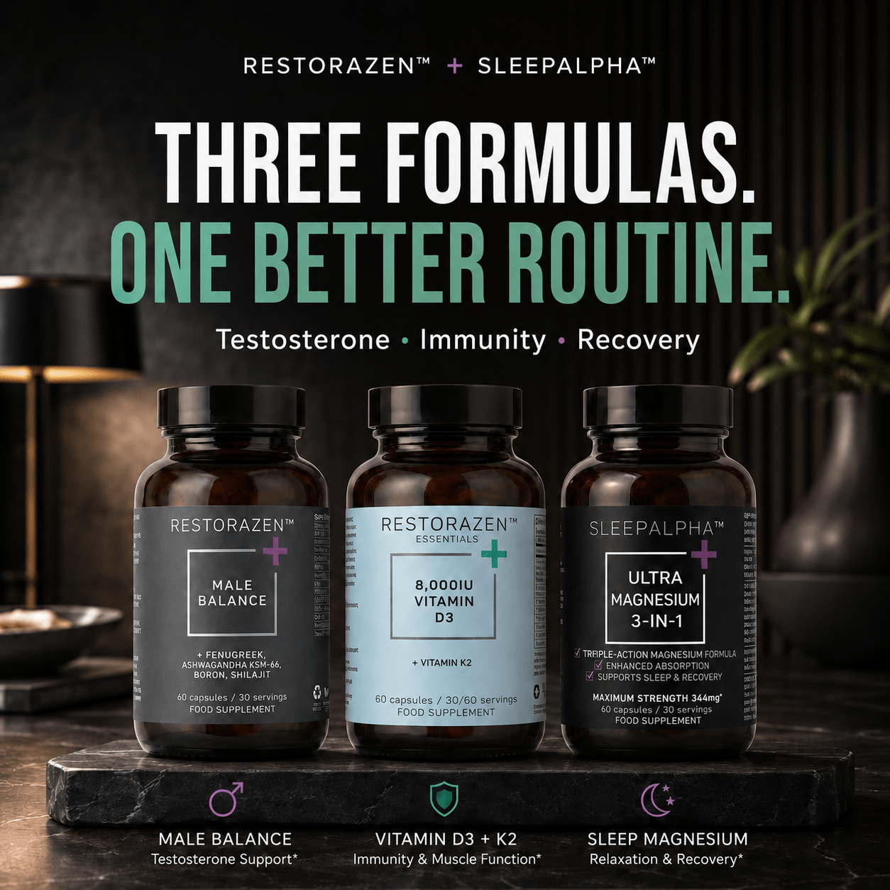 Male Starter Kit | Complete 60-Day Male Health Routine | 2 x Male Balance | 2 x Vitamin D3 + K2 | 2 x Sleep magnesium